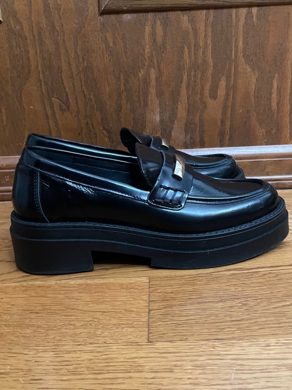 Steve Madden Black Leather Platform Loafers with Gold Accent